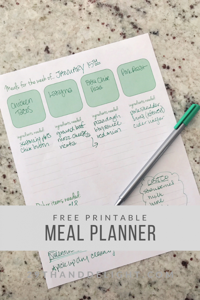 Meal Planner Free Printable | 29thandDelight.com